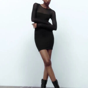 ZARA Tulle Mesh Black Mini Skirt Ribbed Contour Dress LBD